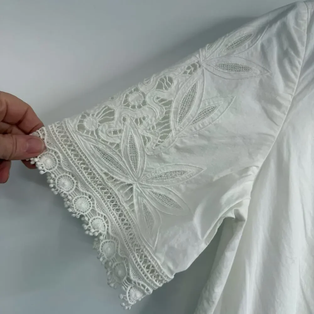 Tory Burch Cotton Lace Trimmed Larissai Dress Womens Sz 4 White Short Sleeve